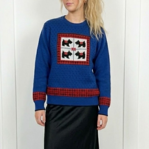 Vintage Sweaters - Vintage Scottie Dog Sweater Small Blue Scottish Terrier Dog Novelty Graphic Knit